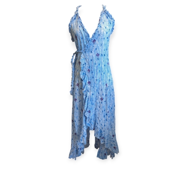 Poupette St Barth Ruffle Wrap Maxi Dress Blue Beach Cover-Up Vacation Size Small - Picture 7 of 7